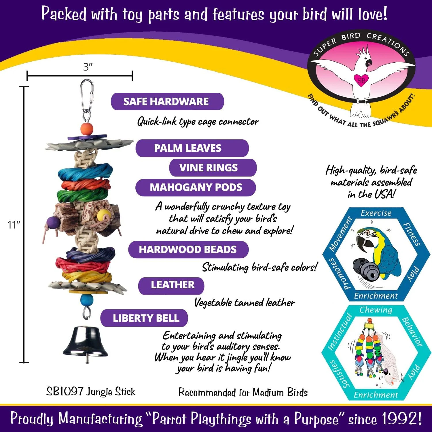 اسباب بازی پرندگان Super Bird Creations مدل Jungle Stick SB1097، سایز متوسط