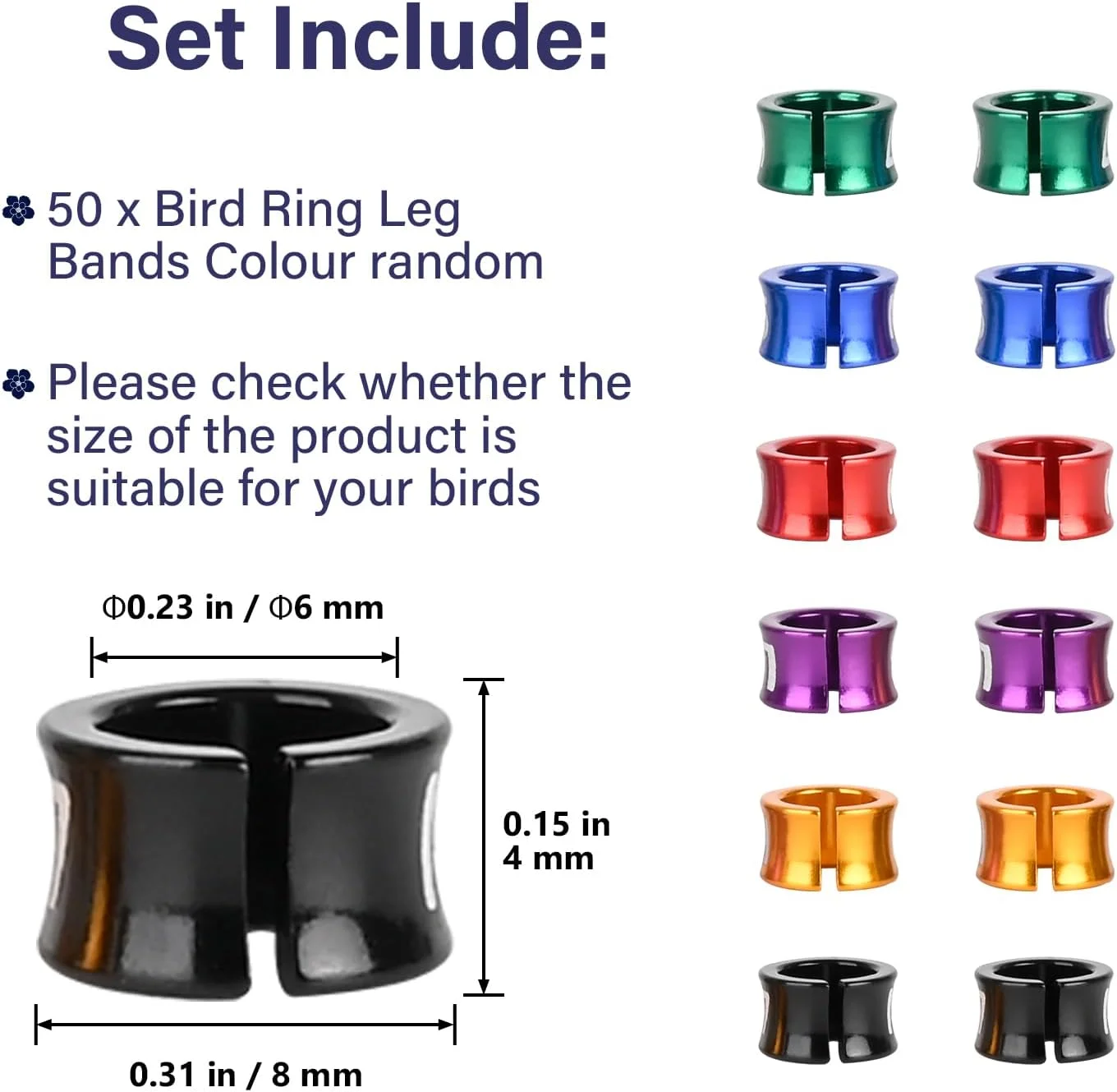 حلقه پای باز پرنده STPCTOU، حلقه های شناسایی پرندگان، حلقه های آلومینیومی باز، حلقه های آموزشی کبوتر، مناسب برای پرندگان هیبیسکوس، طوطی، گل صد تومانی، قمری، رنگ های مخلوط، 50 عدد در هر بسته