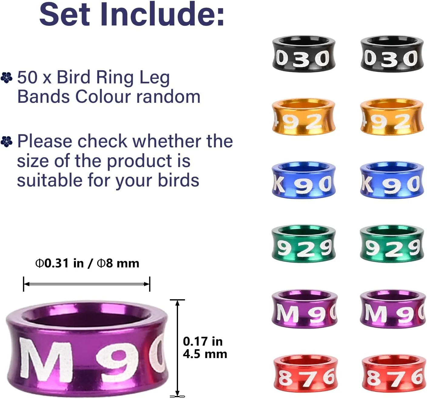 حلقه پای پرنده STPCTOU، حلقه پرنده، حلقه پای پرنده، حلقه پای آلومینیومی چند رنگ برای کبوتر، حلقه شناسایی برای آموزش کبوتر، مناسب برای پرندگان هیبیسکوس، طوطی، گل صد تومانی، کبوتر، رنگ های ترکیبی 50 عدد در هر بسته