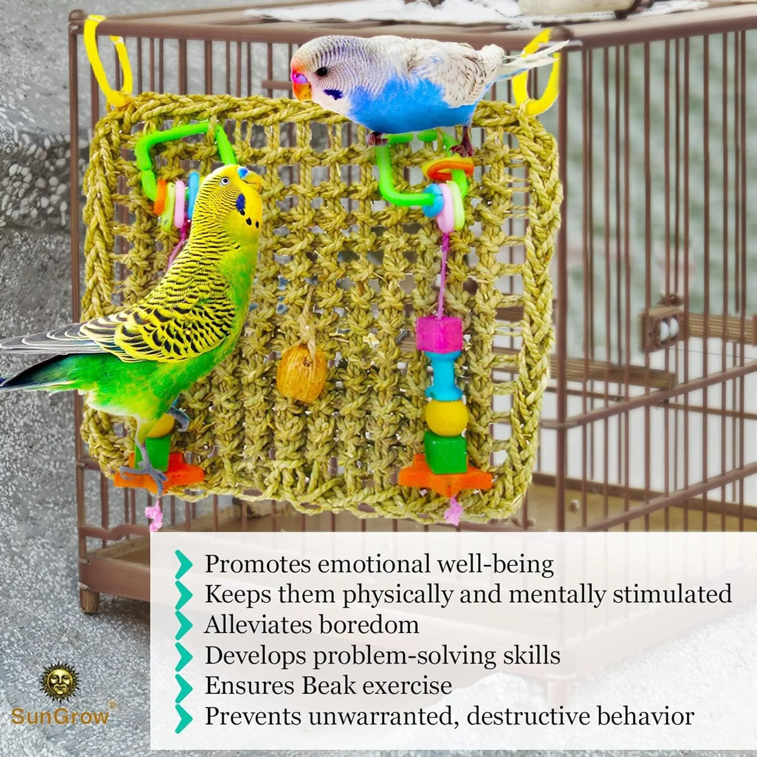 اسباب بازی دیواری تغذیه پرندگان سان گرو با قلاب آویز - حصیر بافته شده از علف دریایی، ایمن برای جویدن - برای تمرین نوک و شبیه سازی هوش پرندگان کوچک و متوسط - خوراکی ها را در توپ وافل یا فنجان های غلاف قرار دهید - ماندگاری طولانی