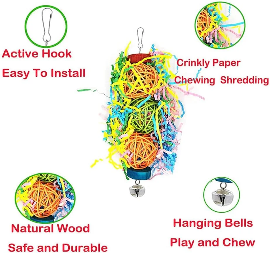 اسباب بازی فنری پرنده X، بسته 4 عددی اسباب بازی خرد کردنی، اسباب بازی های جویدنی رنگارنگ پرندگان، اسباب بازی های جویدنی آویز طوطی، جویدنی های نوار کاغذی برای طوطی های کوچک تا متوسط، عروس هلندی (رنگ تصادفی)