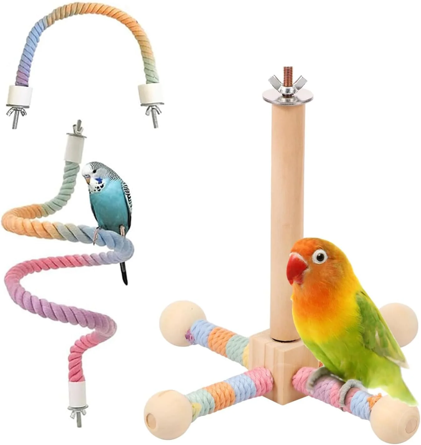 ست 3 عددی پایه بازی پرنده چرخان 360 درجه با میله های طنابی خم شدنی و تاب های جویدنی - اسباب بازی های قفس چوبی طبیعی برای طوطی ها، مرغ عشق ها، عروس هلندی ها، و لاوبردها ست 3 عددی پایه بازی پرنده چرخان 360 درجه با میله های طنابی خم شدنی و تاب های جویدنی - اسباب بازی های قفس چوبی طبیعی برای طوطی ها، مرغ عشق ها، عروس هلندی ها، و لاوبردها