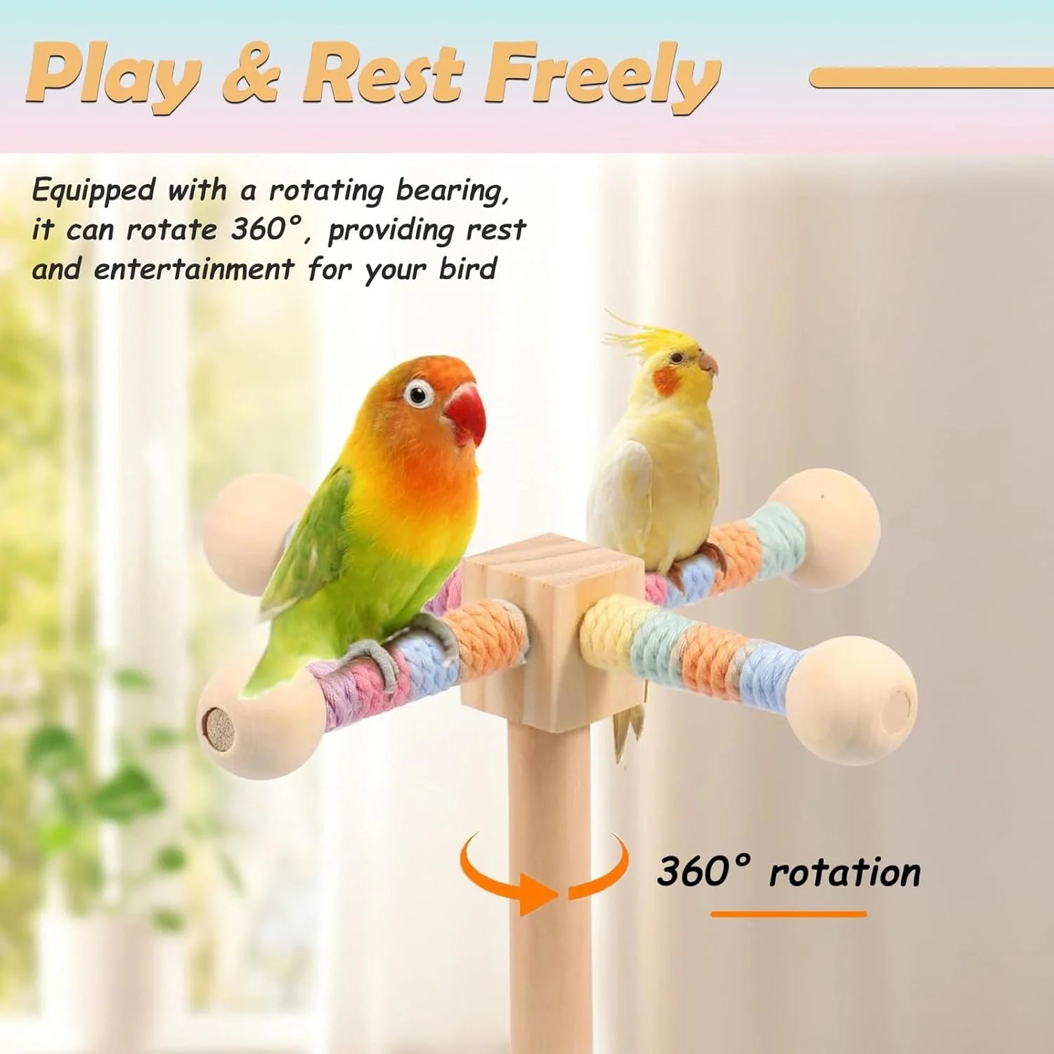 ست 3 عددی پایه بازی پرنده چرخان 360 درجه با میله های طنابی خم شدنی و تاب های جویدنی - اسباب بازی های قفس چوبی طبیعی برای طوطی ها، مرغ عشق ها، عروس هلندی ها، و لاوبردها