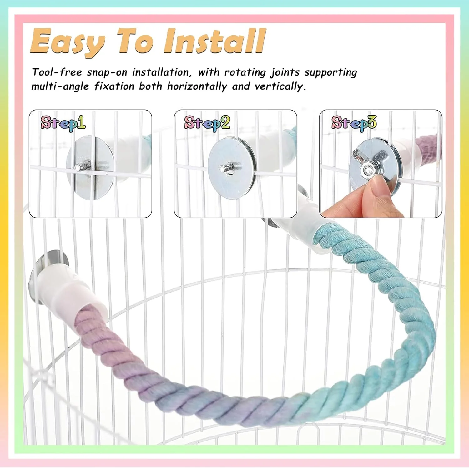 ست 3 عددی پایه بازی پرنده چرخان 360 درجه با میله های طنابی خم شدنی و تاب های جویدنی - اسباب بازی های قفس چوبی طبیعی برای طوطی ها، مرغ عشق ها، عروس هلندی ها، و لاوبردها