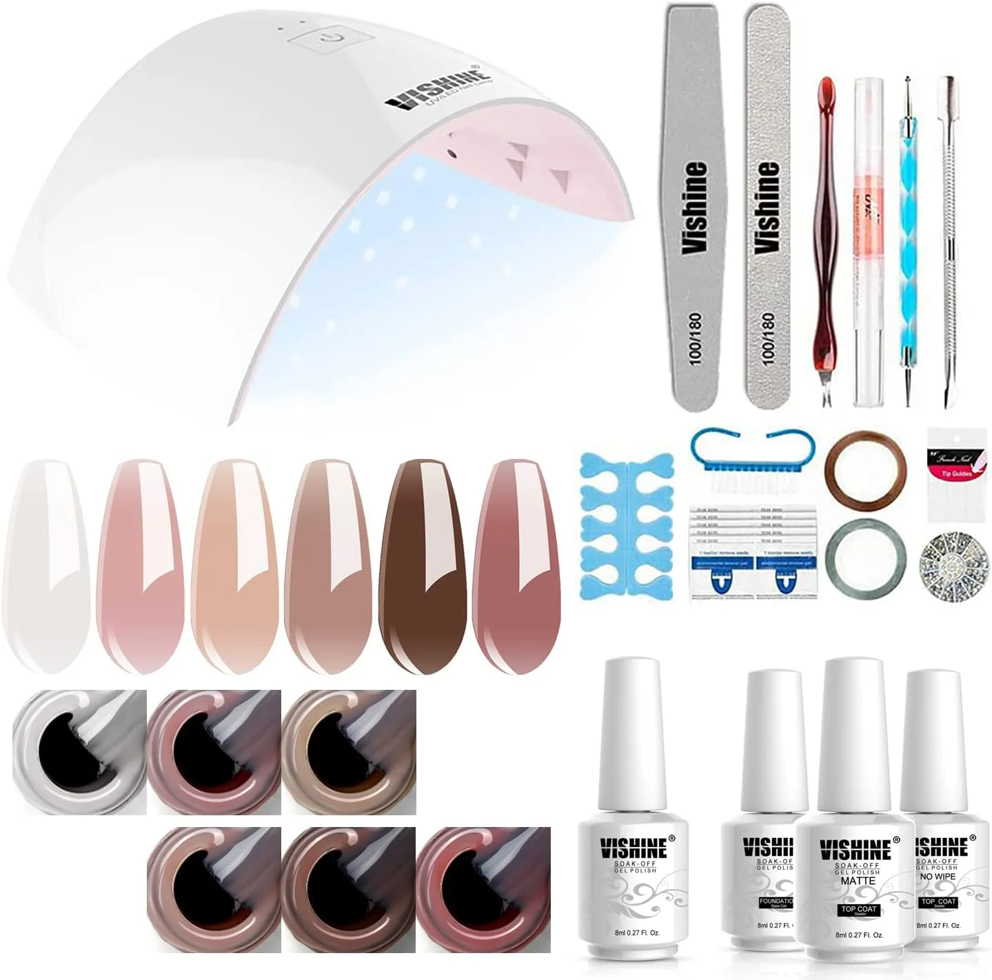 کیت استارتر لاک ژل ویشاین همراه با دستگاه خشک کن سریع لاک ناخن UV LED 36 وات، مجموعه ابزار مانیکور شامل 6 رنگ شیری سفید، رنگ های خنثی، رنگ پوست، ژله ای و شفاف، لاک ژل بیس و تاپ کت #055