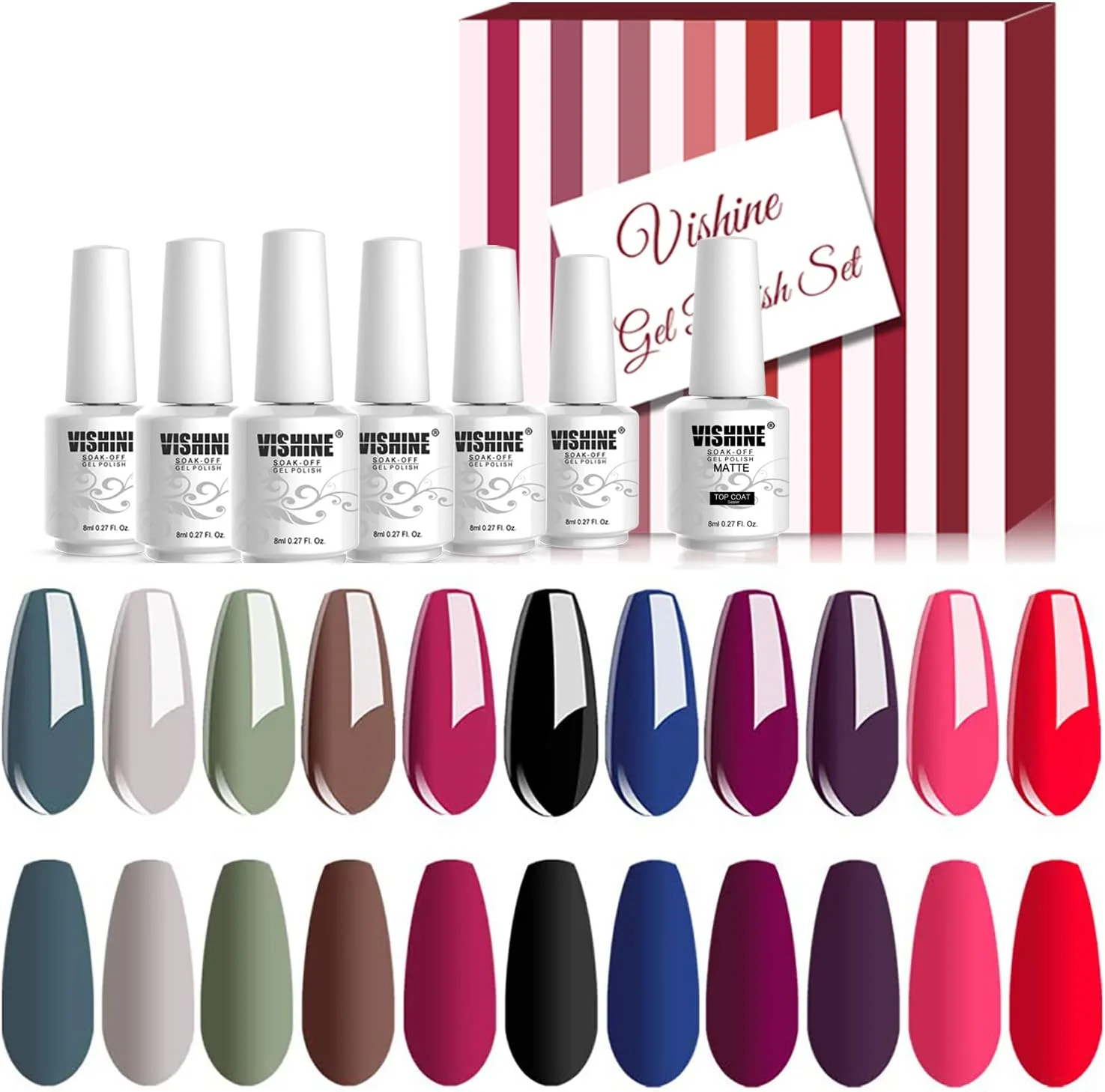 مجموعه لاک ژل ویشین - کیت لاک ژل 12 رنگ، مجموعه لاک ژل، لاک ژل UV LED، تاپ کت مات 8 میلی لیتر، طراحی ناخن ژلی
