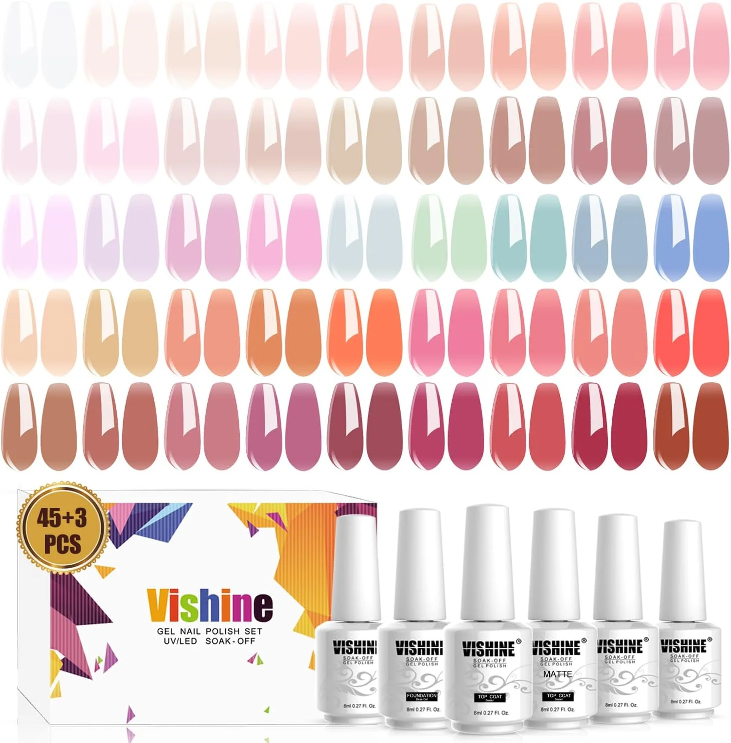 مجموعه لاک ژل 48 عددی ویشاین، مجموعه لاک ژل 45 عددی ژله ای صورتی هلویی، مجموعه لاک ژل سفید شیری خنثی و شفاف مناسب تمام فصول به همراه لاک پایه ژل و تاپ کت مات و براق برای مانیکور سالنی در خانه