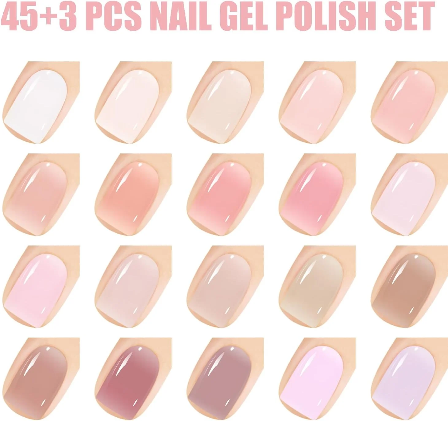 مجموعه لاک ژل 48 عددی ویشاین، مجموعه لاک ژل 45 عددی ژله ای صورتی هلویی، مجموعه لاک ژل سفید شیری خنثی و شفاف مناسب تمام فصول به همراه لاک پایه ژل و تاپ کت مات و براق برای مانیکور سالنی در خانه