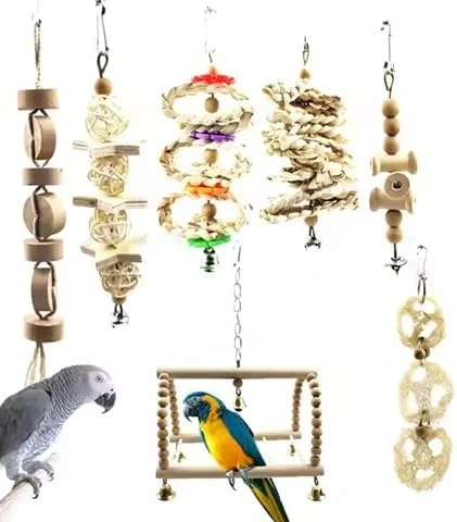 اسباب بازی پرندگان برای طوطی، بسته 7 عددی تاب چوبی طبیعی، لوازم جانبی قفس آویز زنگوله دار
