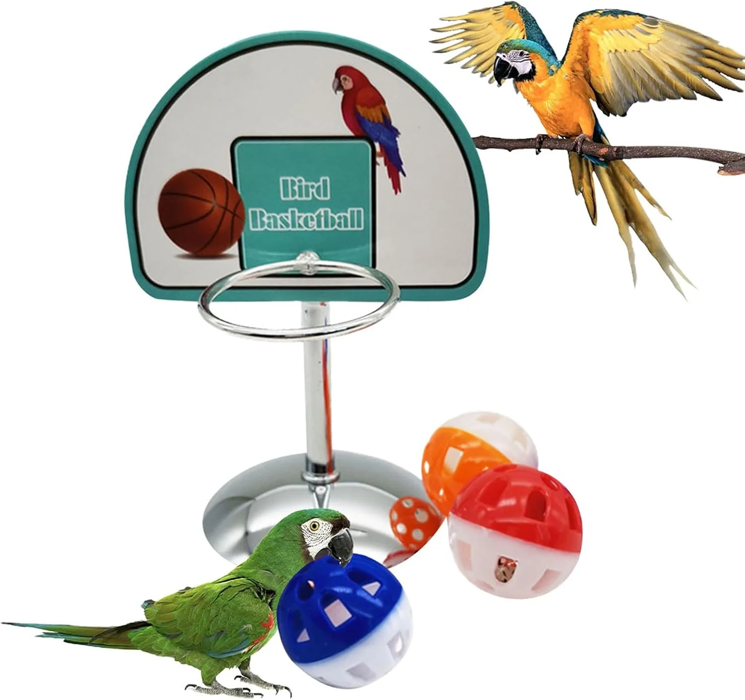 اسباب بازی های طوطی برای پرندگان متوسط - اسباب بازی های غنی سازی پرنده بسکتبالی با 3 توپ - پایه غنی سازی زمین بازی تعاملی برای آموزش بازی پاراکیت کانور