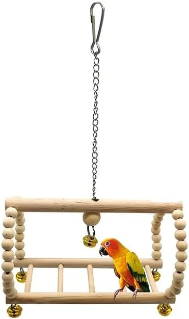 اسباب بازی پرندگان برای طوطی، بسته 7 عددی تاب چوبی طبیعی، لوازم جانبی قفس آویز زنگوله دار