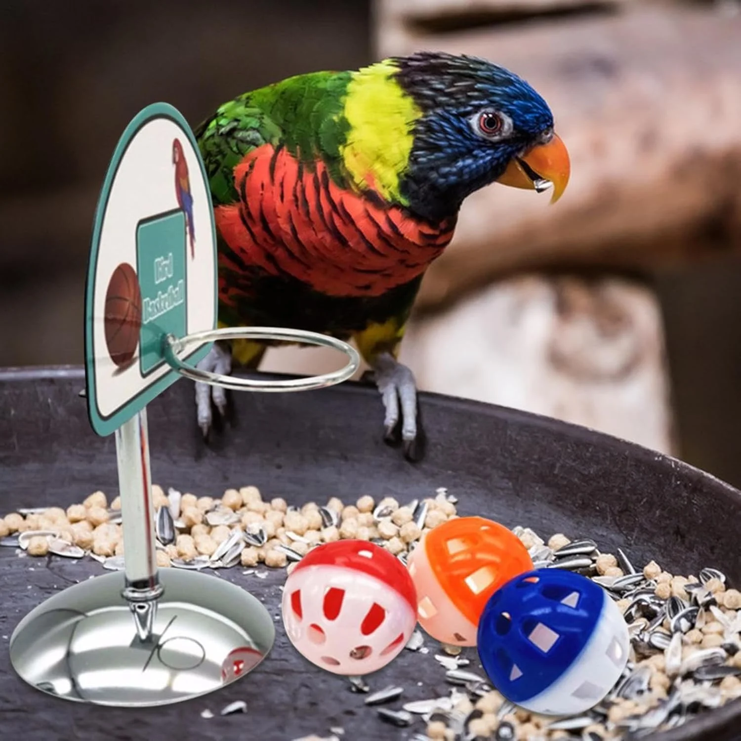 اسباب بازی های طوطی برای پرندگان متوسط - اسباب بازی های غنی سازی پرنده بسکتبالی با 3 توپ - پایه غنی سازی زمین بازی تعاملی برای آموزش بازی پاراکیت کانور