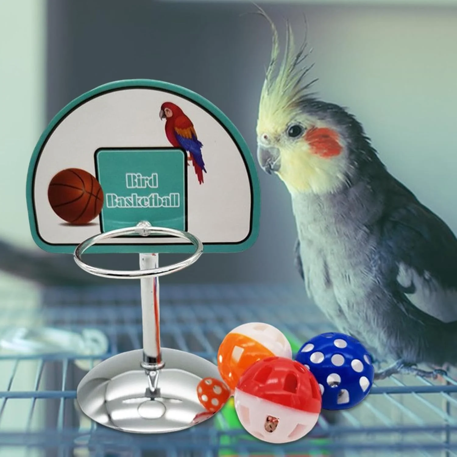 اسباب بازی های طوطی برای پرندگان متوسط - اسباب بازی های غنی سازی پرنده بسکتبالی با 3 توپ - پایه غنی سازی زمین بازی تعاملی برای آموزش بازی پاراکیت کانور
