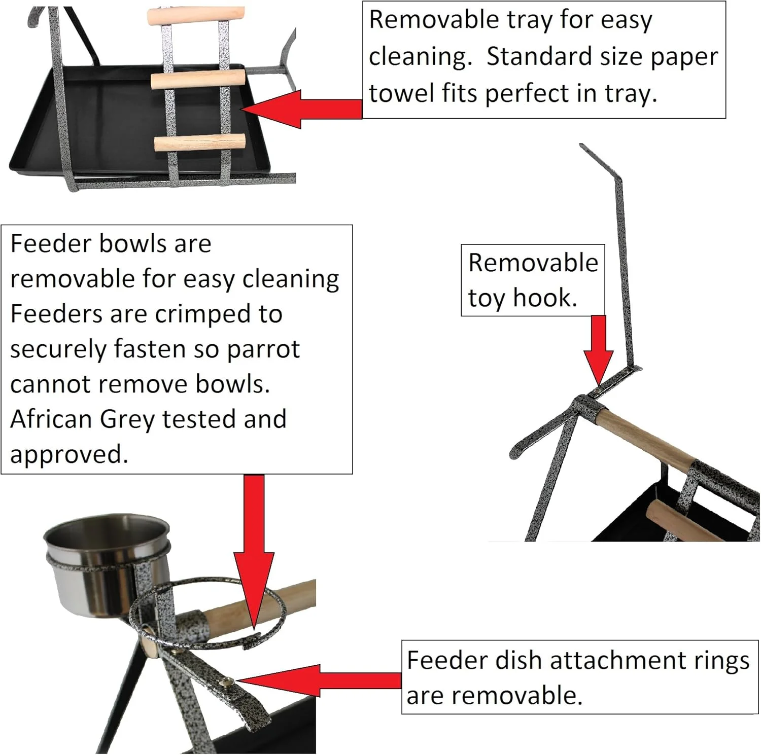 میله نشیمن طوطی، پایه رومیزی، فلزی و چوبی، دارای 2 کاسه استیل، مناسب بازی برای نژادهای متوسط و بزرگ، ابعاد 44.5cm x 31.8cm x 27.9cm