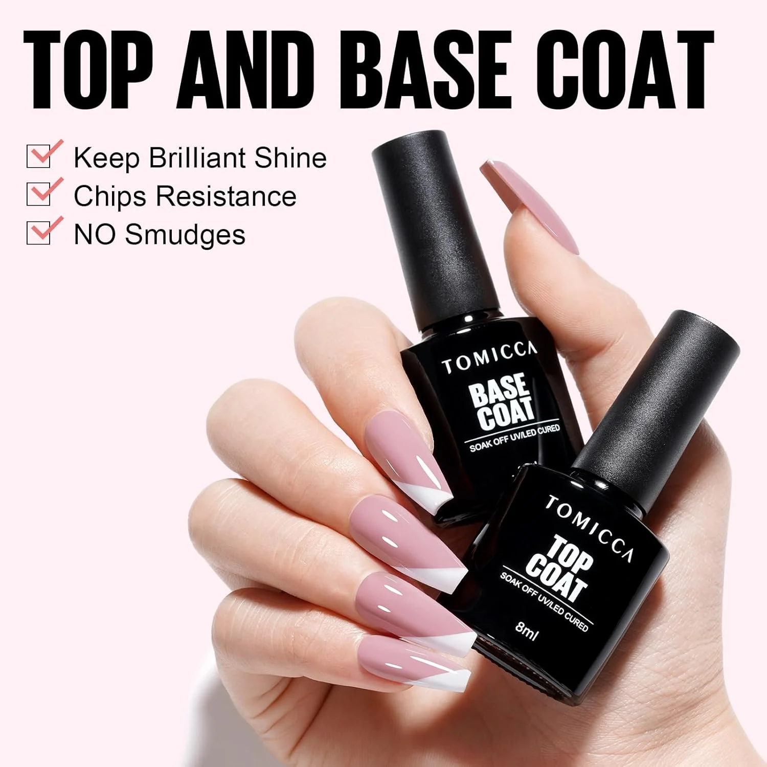 ست لاک ژل صورتی کالباسی TOMICCA و تاپ کت و بیس کت - لاک ژل 8 میلی لیتری سفید، صورتی روشن، بنفش مایل به خاکستری، لاک ژل UV LED Soak Off برای زنان و دختران - طراحی ناخن خیره کننده با استفاده آسان