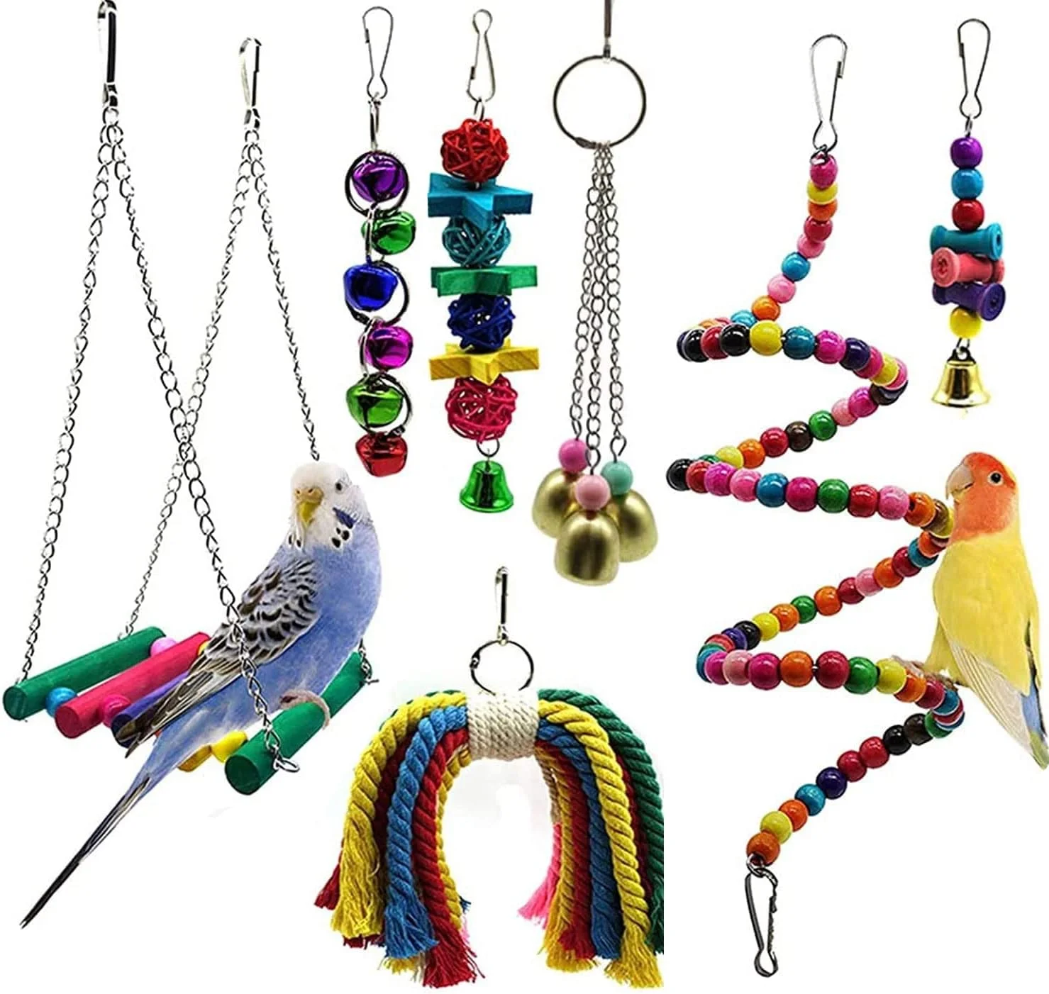 اسباب بازی های تاب و جویدنی پرندگان ORiTi - 7 عدد لوازم جانبی قفس برای طوطی های کوچک، عروس هلندی، کانور، ماکائو، طوطی، مرغ عشق، فنچ - طناب، صعود، نشیمنگاه ایستاده