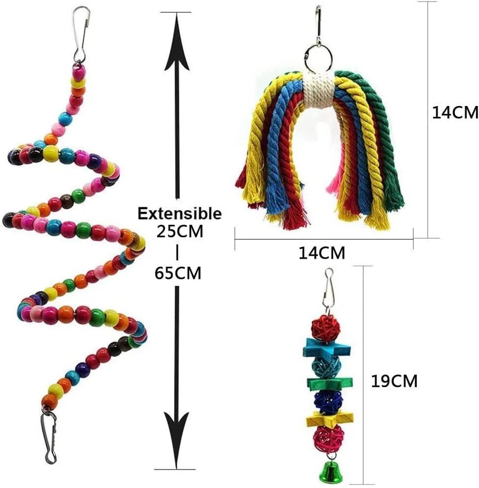 اسباب بازی های تاب و جویدنی پرندگان ORiTi - 7 عدد لوازم جانبی قفس برای طوطی های کوچک، عروس هلندی، کانور، ماکائو، طوطی، مرغ عشق، فنچ - طناب، صعود، نشیمنگاه ایستاده