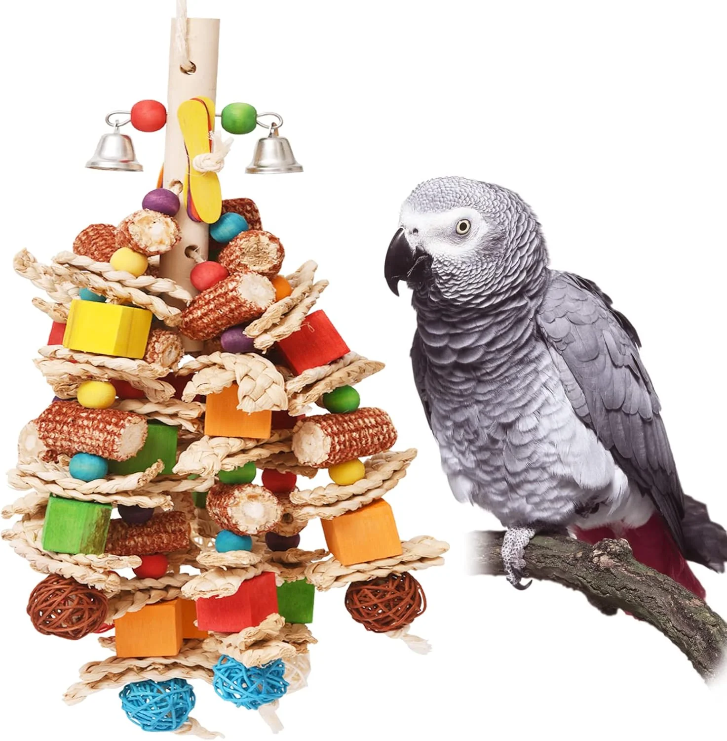 اسباب بازی های طوطی MYMULIKE برای پرندگان بزرگ، اسباب بازی های جویدنی آویز 22 اینچی، چوب فلفلی طبیعی برای طوطی های خاکستری آفریقایی، ماکائو، کاکادو، اسباب بازی های جویدنی طوطی آمازون، اسباب بازی های آویز قفسی