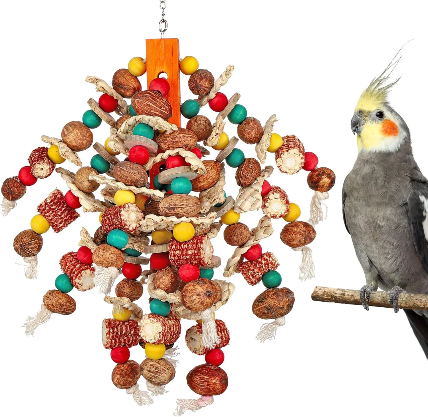 اسباب بازی پرندگان، اسباب بازی های جویدنی بزرگ پرندگان با بلال ذرت طبیعی، برای طوطی ها، ماکائو ها، طوطی های آمازون، خاکستری های آفریقایی، کاکادو ها، پرندگان متوسط ​​و بزرگ