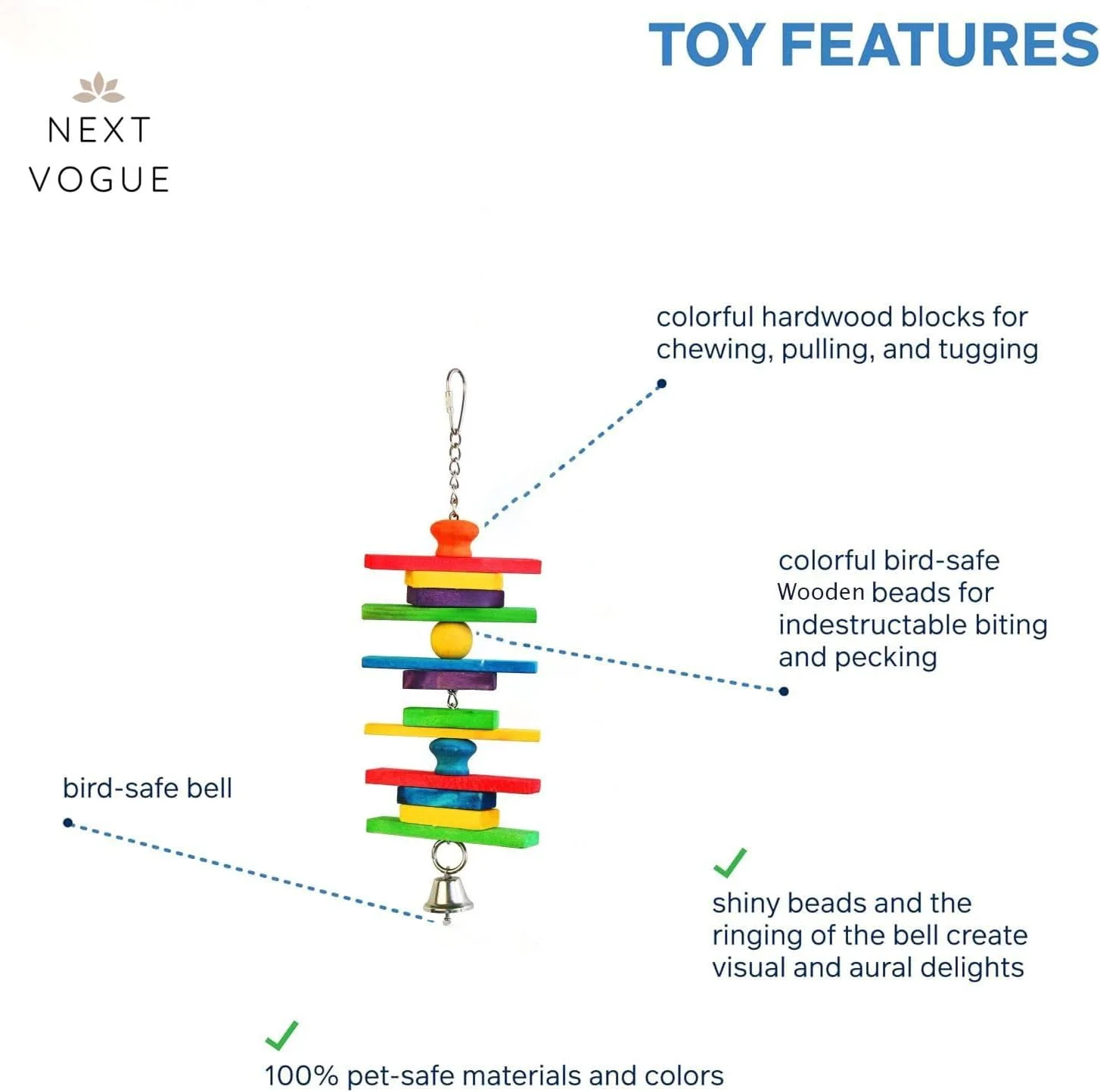 مجموعه 3 عددی اسباب بازی چوبی طبیعی طوطی نکست وگ - ایده آل برای طوطی های کوچک و متوسط. اسباب بازی های جویدنی ایمن و بادوام باعث تحریک ذهنی و سلامت نوک می شوند. اسباب بازی های پرنده دست ساز برای غنی سازی زمان بازی