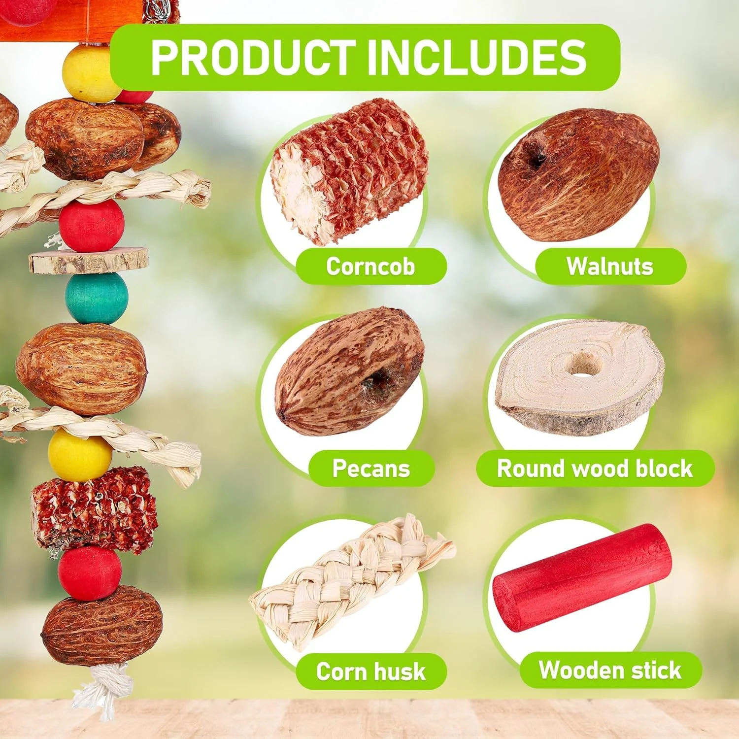 اسباب بازی پرندگان، اسباب بازی های جویدنی بزرگ پرندگان با بلال ذرت طبیعی، برای طوطی ها، ماکائو ها، طوطی های آمازون، خاکستری های آفریقایی، کاکادو ها، پرندگان متوسط ​​و بزرگ