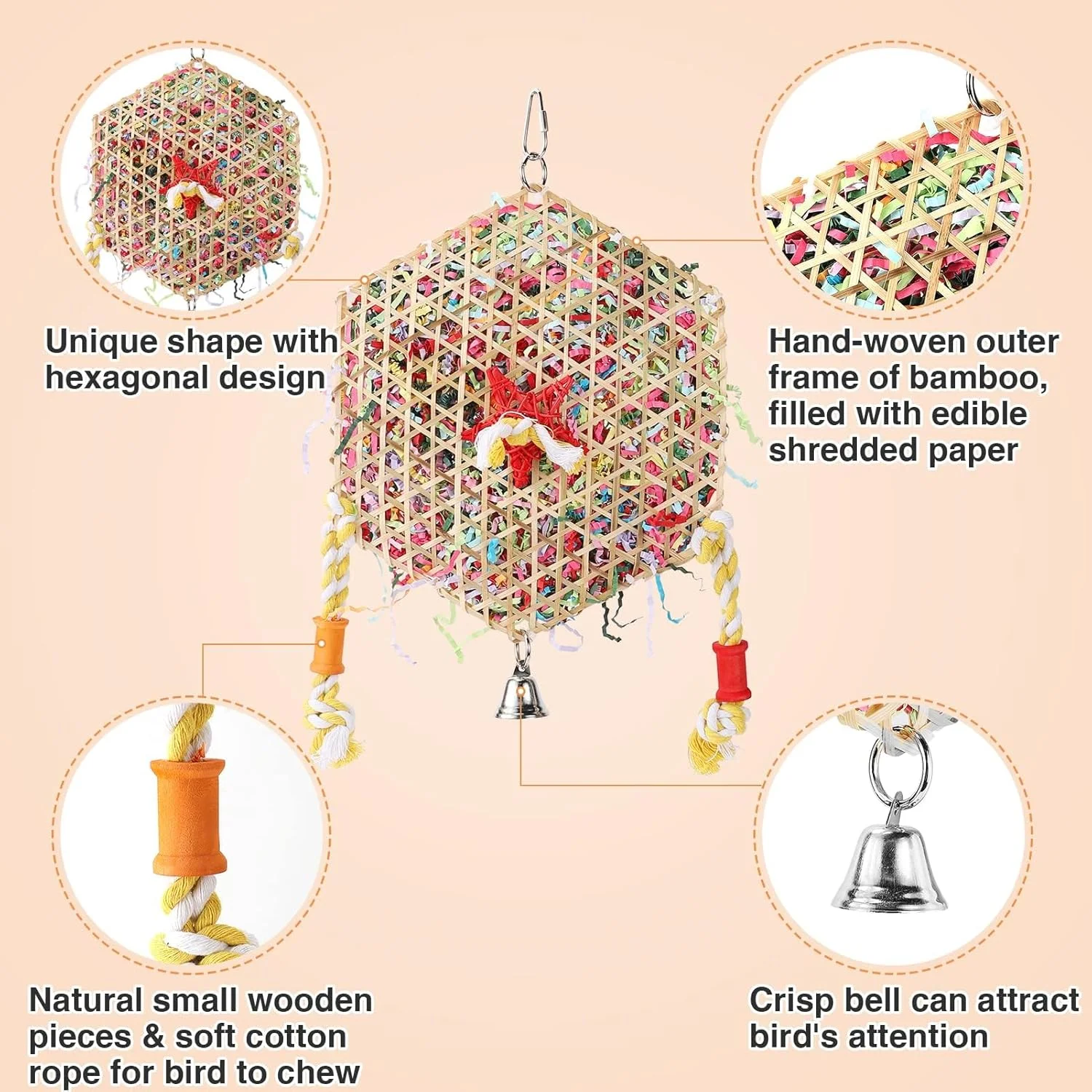 اسباب بازی جویدنی پرندگان شش ضلعی نالاکال، اسباب بازی های بی خطر و سرگرم کننده برای خرد کردن پرندگان، اسباب بازی های رنگارنگ قفس پرندگان مناسب برای طوطی برزیلی، عروس هلندی، کانور، مرغ عشق، باجریگار و خاکستری آفریقایی