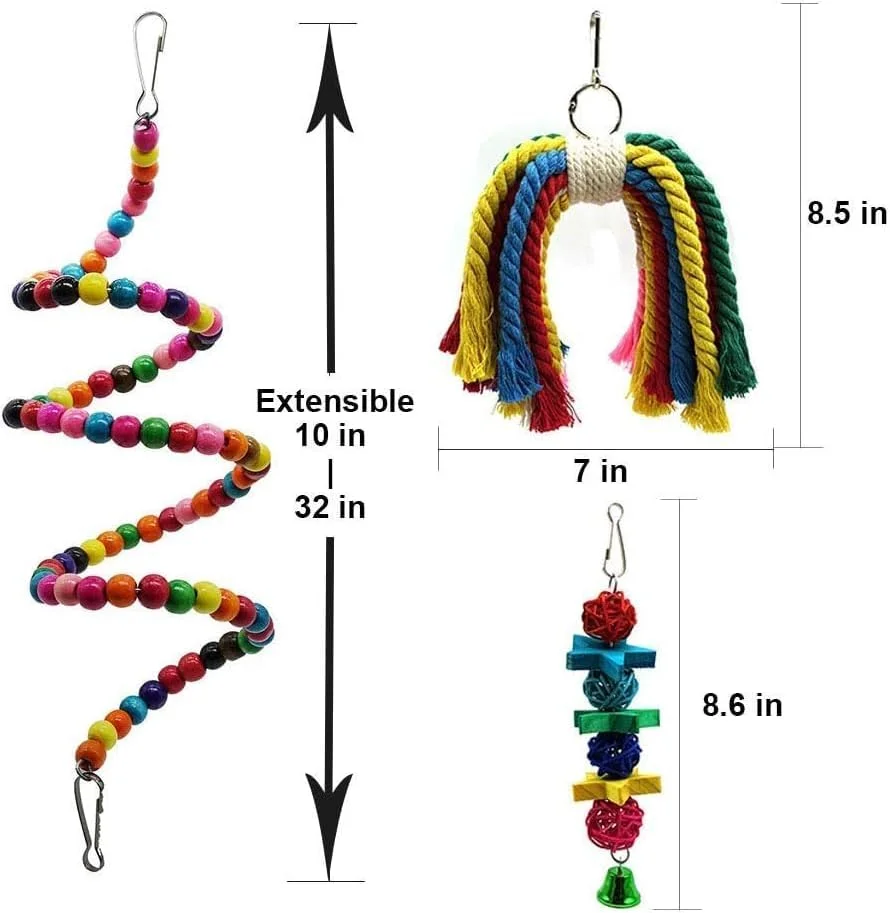 مجموعه 7 عددی اسباب بازی پرندگان Mumoo Bear، شامل تاب، زنگوله و اسباب بازی های جویدنی آویز برای قفس، مناسب برای طوطی های کانور، مرغ عشق، عروس هلندی، ماکائو، فنچ، مینا، باجریگار و سایر پرندگان دوست داشتنی