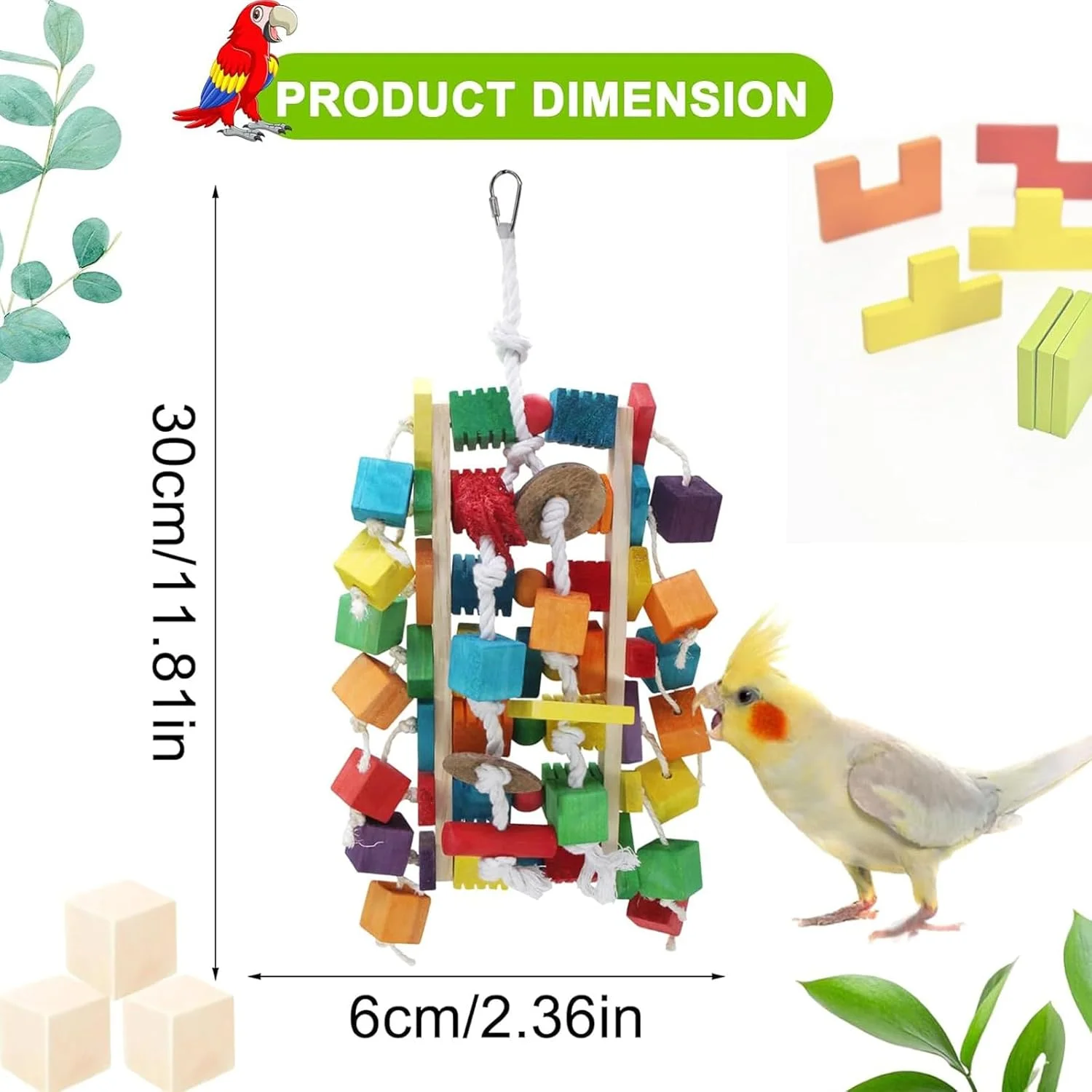 اسباب بازی بزرگ طوطی پرنده MQUPIN، اسباب بازی های جویدنی بلوک های چوبی رنگارنگ 55 سانتی متری، اسباب بازی گاز گرفتن قفس برای طوطی های خاکستری آفریقایی، طوطی های آمازون، کاکادوها و ماکائوها