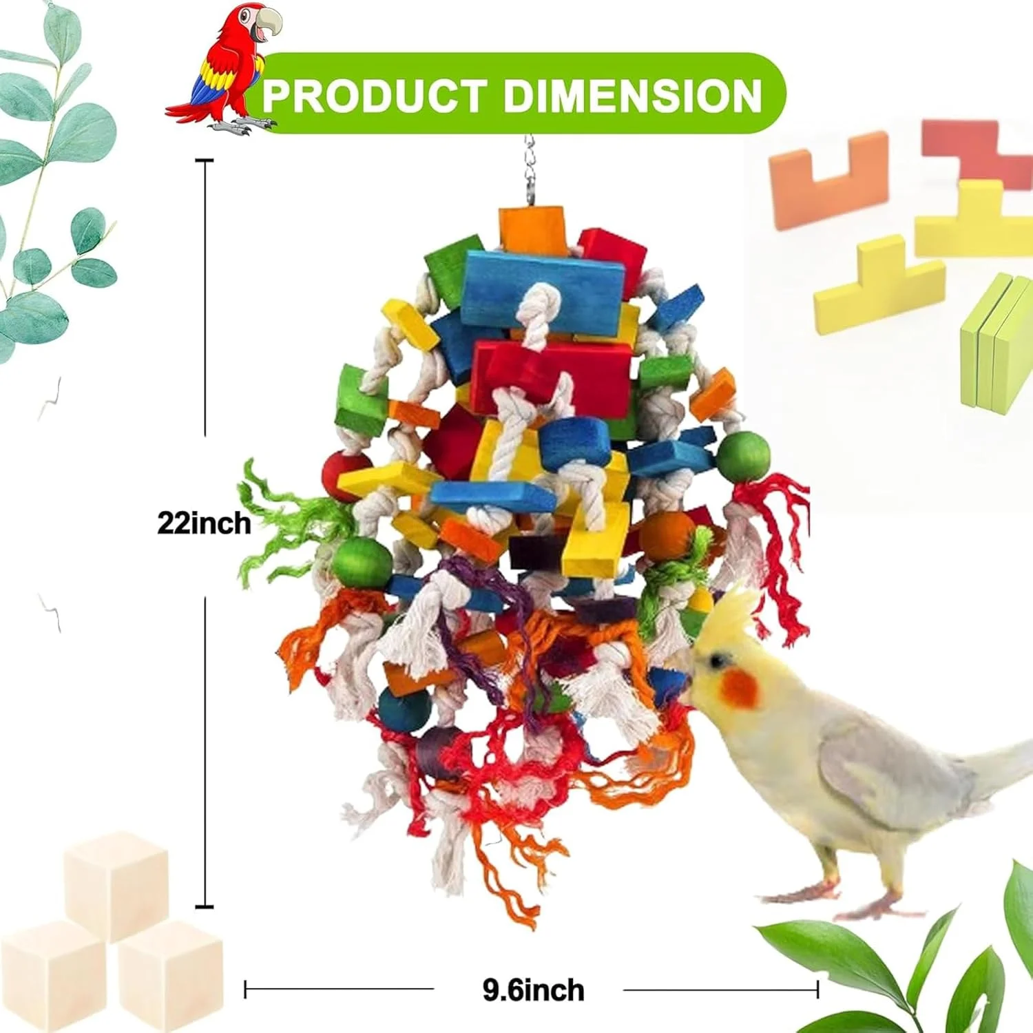 اسباب بازی جویدنی بزرگ پرنده MQUPIN - اسباب بازی گاز گرفتن قفس بلوک های چوبی چند رنگ 100% طبیعی برای پرندگان بزرگ و متوسط، طوطی خاکستری آفریقایی و ماکائو