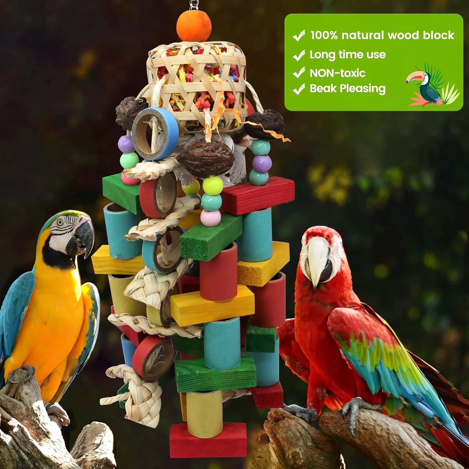 اسباب بازی طوطی MQUPIN، مجموعه اسباب بازی آویز جویدنی پرنده، اسباب بازی قفس طوطی، اسباب بازی صعود پرنده، مناسب برای طوطی، خروس، تارو، پرنده، بوجی، ماکائو، مرغ عشق، حلقه ذرت بزرگ کاغذی رنگی