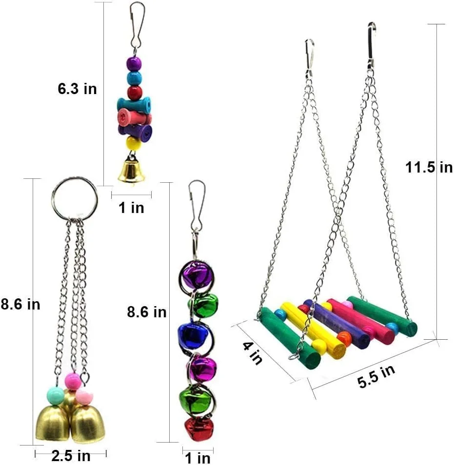 مجموعه 7 عددی اسباب بازی پرندگان Mumoo Bear، شامل تاب، زنگوله و اسباب بازی های جویدنی آویز برای قفس، مناسب برای طوطی های کانور، مرغ عشق، عروس هلندی، ماکائو، فنچ، مینا، باجریگار و سایر پرندگان دوست داشتنی