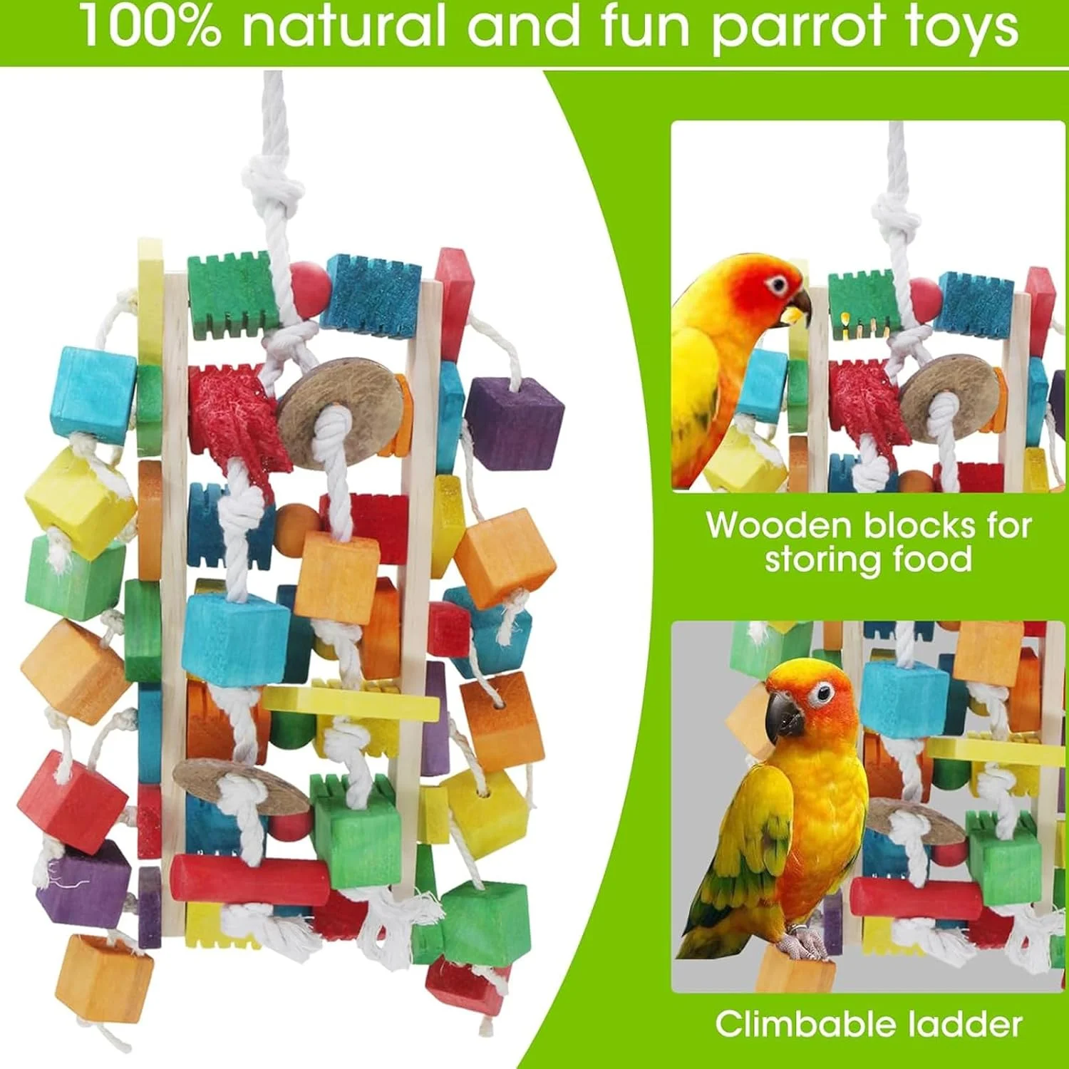 اسباب بازی بزرگ طوطی پرنده MQUPIN، اسباب بازی های جویدنی بلوک های چوبی رنگارنگ 55 سانتی متری، اسباب بازی گاز گرفتن قفس برای طوطی های خاکستری آفریقایی، طوطی های آمازون، کاکادوها و ماکائوها