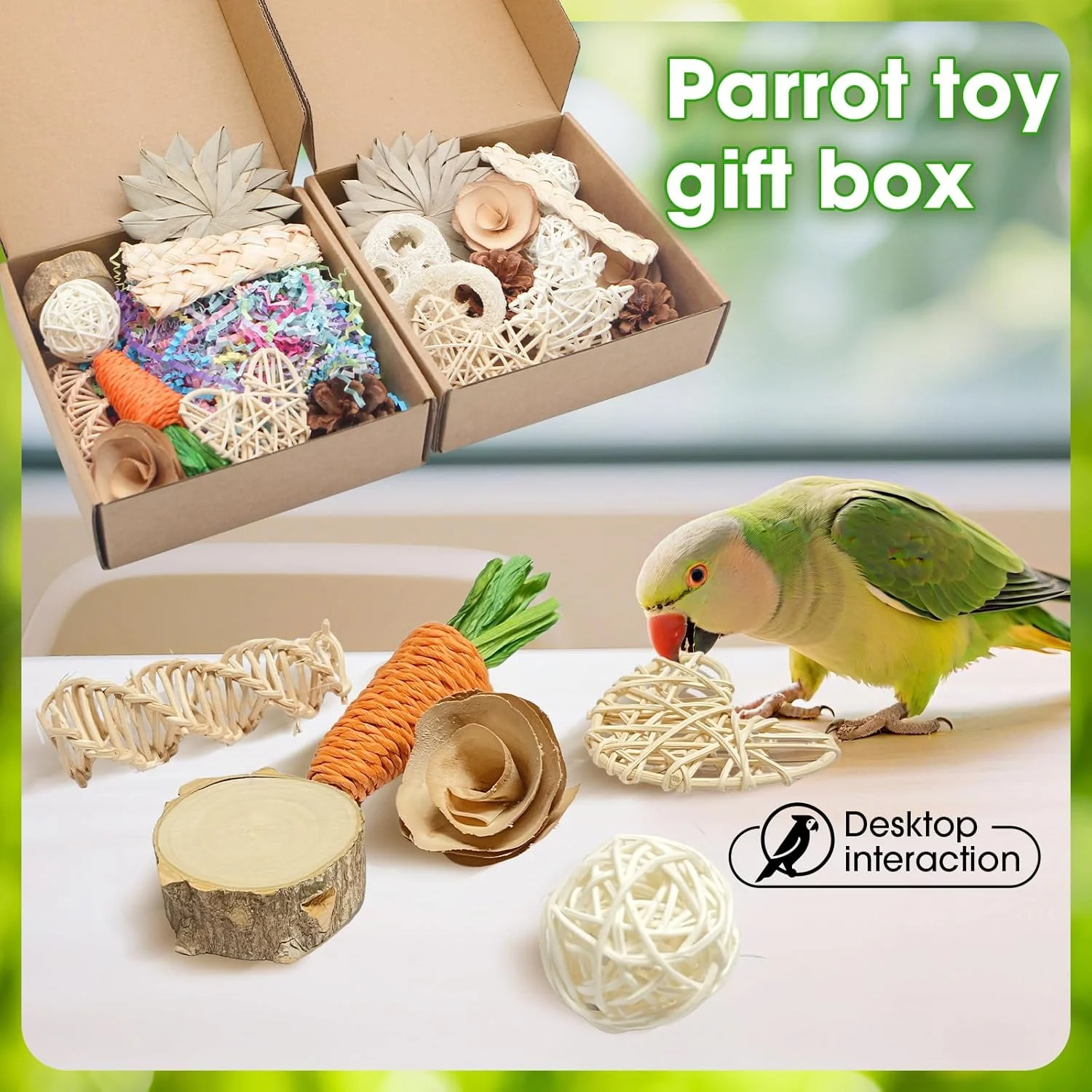 اسباب بازی های چوبی طبیعی جویدنی پرنده MQUPIN، مجموعه 16 عددی DIY با چوب سیب، توپ حصیری، مخروط کاج، بازی ایمن روی میز، اسباب بازی های جستجوی غذا برای طوطی ها، مرغ عشق ها، باجریگارها، عروس هلندی ها (رنگ ثابت)