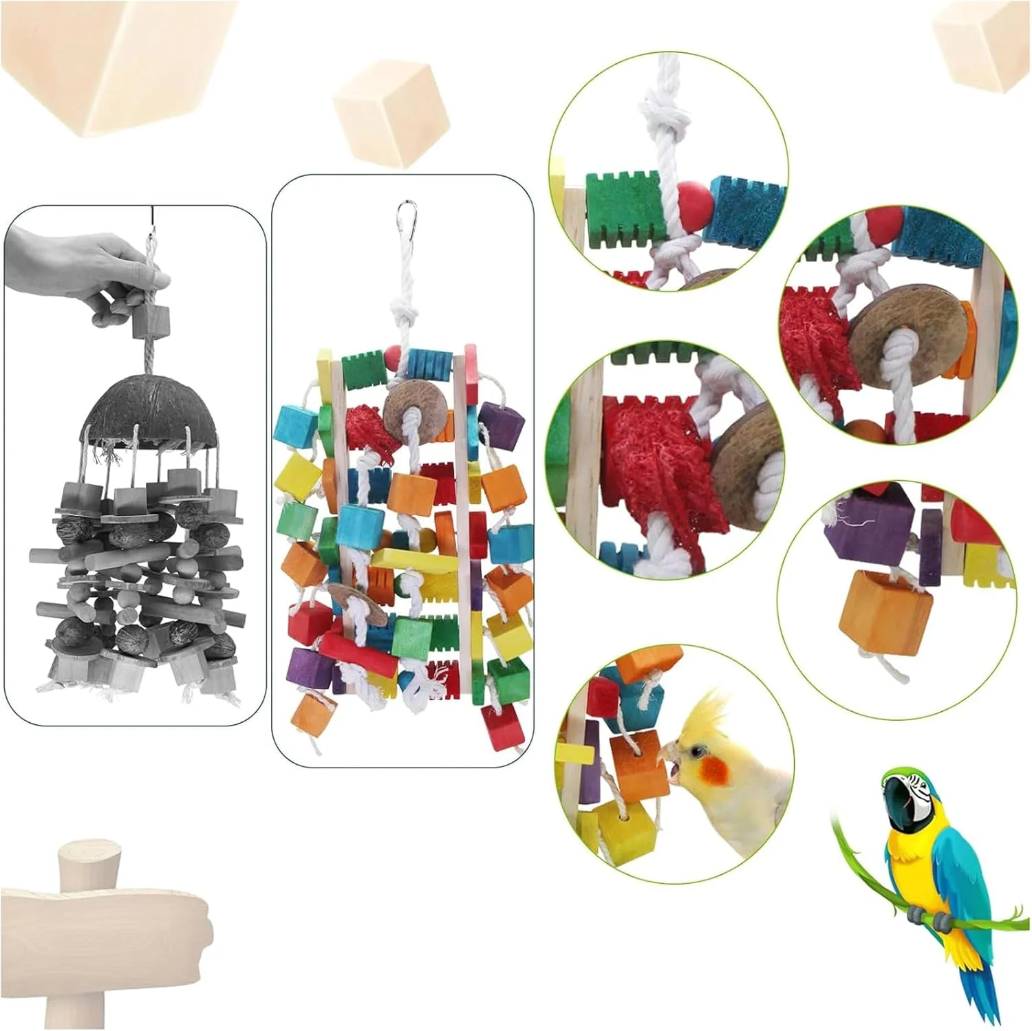 اسباب بازی بزرگ طوطی پرنده MQUPIN، اسباب بازی های جویدنی بلوک های چوبی رنگارنگ 55 سانتی متری، اسباب بازی گاز گرفتن قفس برای طوطی های خاکستری آفریقایی، طوطی های آمازون، کاکادوها و ماکائوها