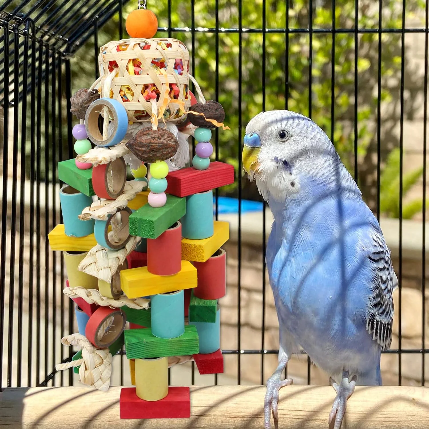 اسباب بازی طوطی MQUPIN، مجموعه اسباب بازی آویز جویدنی پرنده، اسباب بازی قفس طوطی، اسباب بازی صعود پرنده، مناسب برای طوطی، خروس، تارو، پرنده، بوجی، ماکائو، مرغ عشق، حلقه ذرت بزرگ کاغذی رنگی