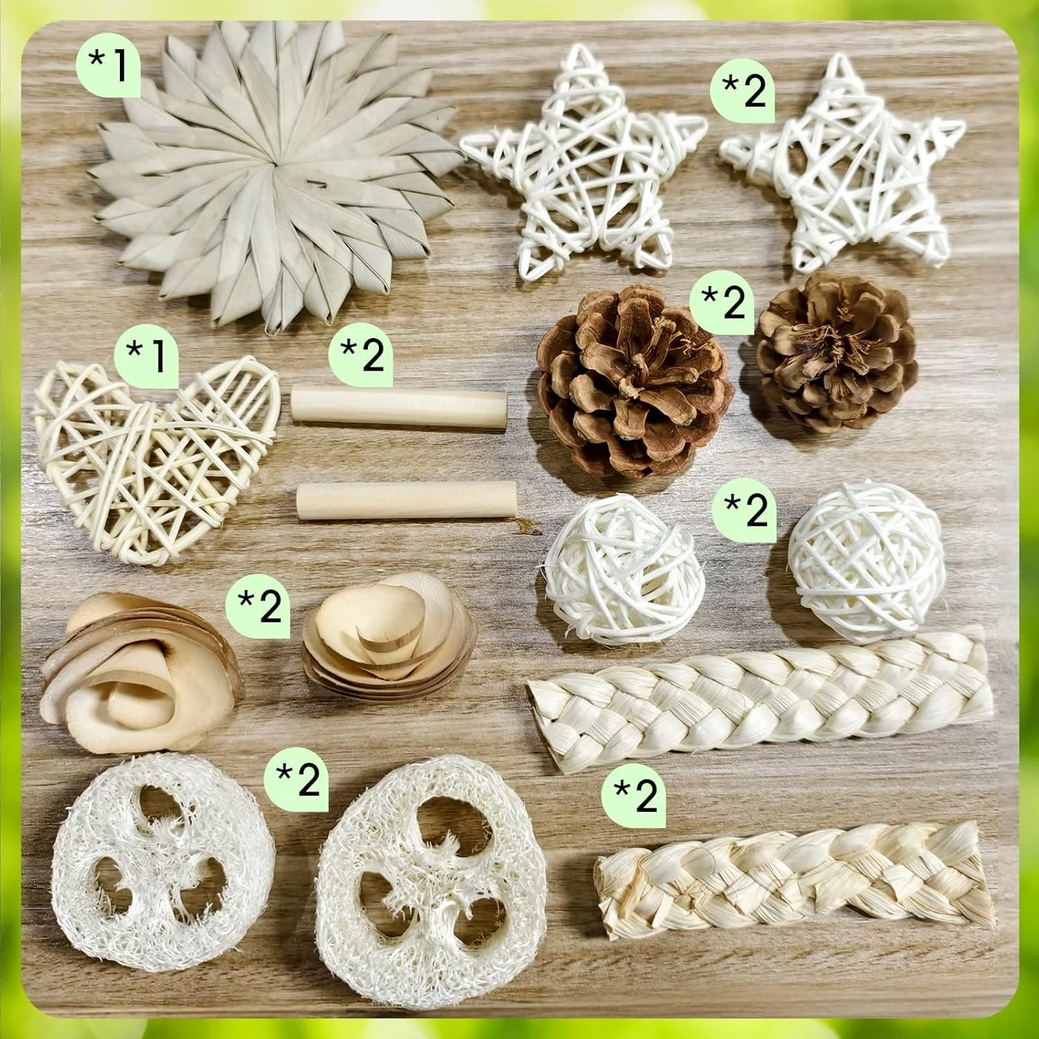 اسباب بازی های چوبی طبیعی جویدنی پرنده MQUPIN، مجموعه 16 عددی DIY با چوب سیب، توپ حصیری، مخروط کاج، بازی ایمن روی میز، اسباب بازی های جستجوی غذا برای طوطی ها، مرغ عشق ها، باجریگارها، عروس هلندی ها (رنگ ثابت)