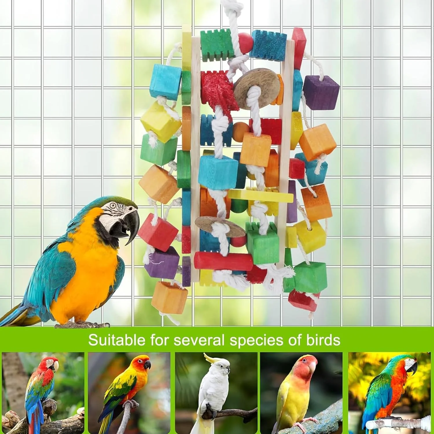 اسباب بازی بزرگ طوطی پرنده MQUPIN، اسباب بازی های جویدنی بلوک های چوبی رنگارنگ 55 سانتی متری، اسباب بازی گاز گرفتن قفس برای طوطی های خاکستری آفریقایی، طوطی های آمازون، کاکادوها و ماکائوها