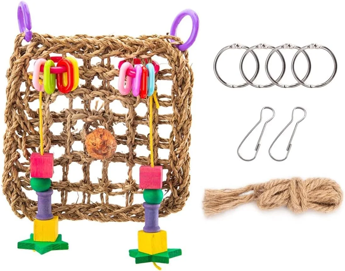 توری نشیمنگاه اسباب بازی جستجوی غذا برای پرندگان مومو بر - اسباب بازی طوطی هاموک حصیر علف دریایی بافته شده