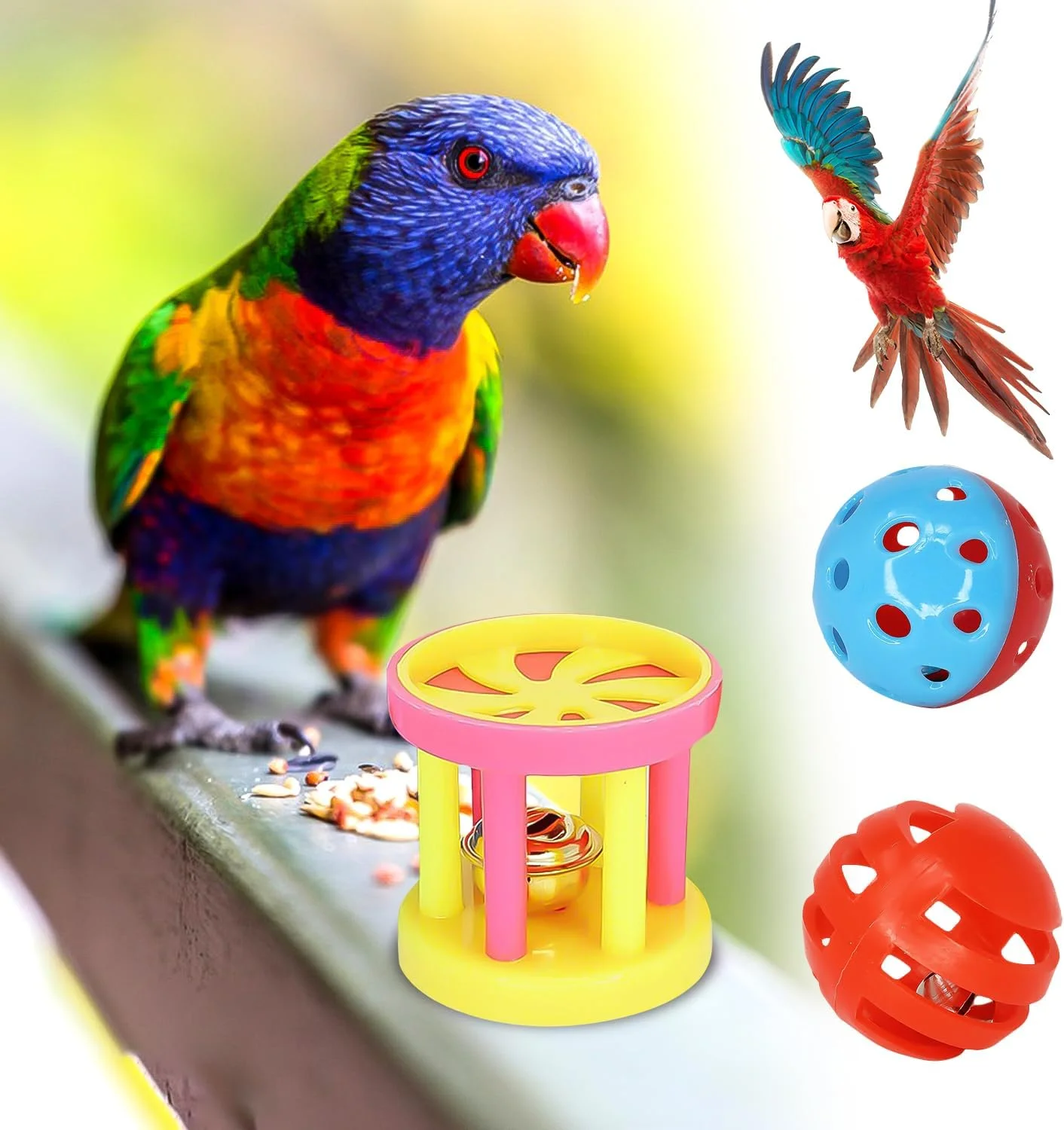 توپ تغذیه اسباب بازی طوطی، توپ رنگارنگ تعاملی با زنگوله، اسباب بازی جویدنی پرنده، توپ های زنگوله آموزشی برای طوطی، مرغ عشق، باجریگار، عروس هلندی، 3 عدد