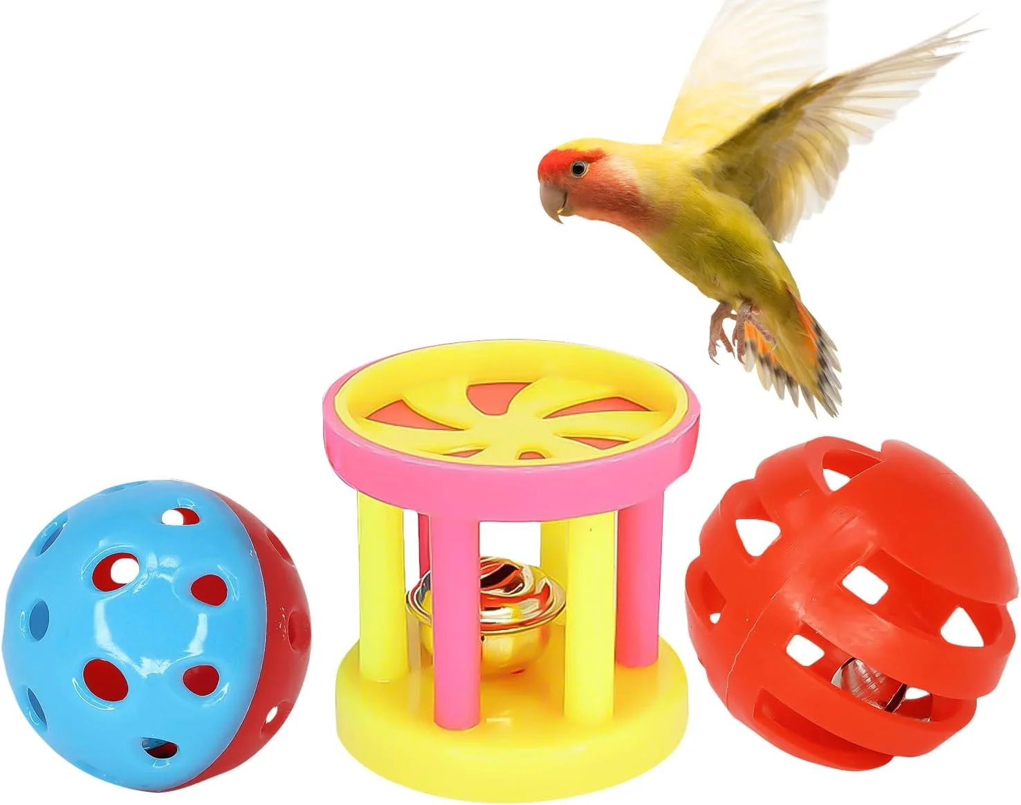 توپ تغذیه اسباب بازی طوطی حیوان خانگی JUFYVO، توپ رنگارنگ تعاملی با زنگوله، اسباب بازی جویدنی پرنده خانگی، توپ های زنگوله آموزشی برای طوطی، مرغ عشق، باجریگار، عروس هلندی، 3 عدد