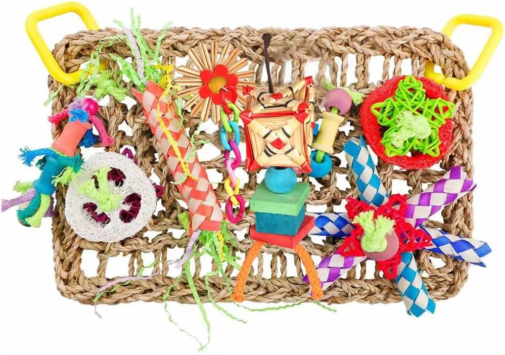 اسباب بازی های پرنده هوتو، اسباب بازی دیواری جستجوی غذا برای پرندگان، حصیر بافته شده از علف دریایی خوراکی با اسباب بازی های جویدنی رنگارنگ، دیوار علف دریایی خردکننده برای جستجوی غذا با اسباب بازی های متنوع برای پرندگان، مرغ عشق