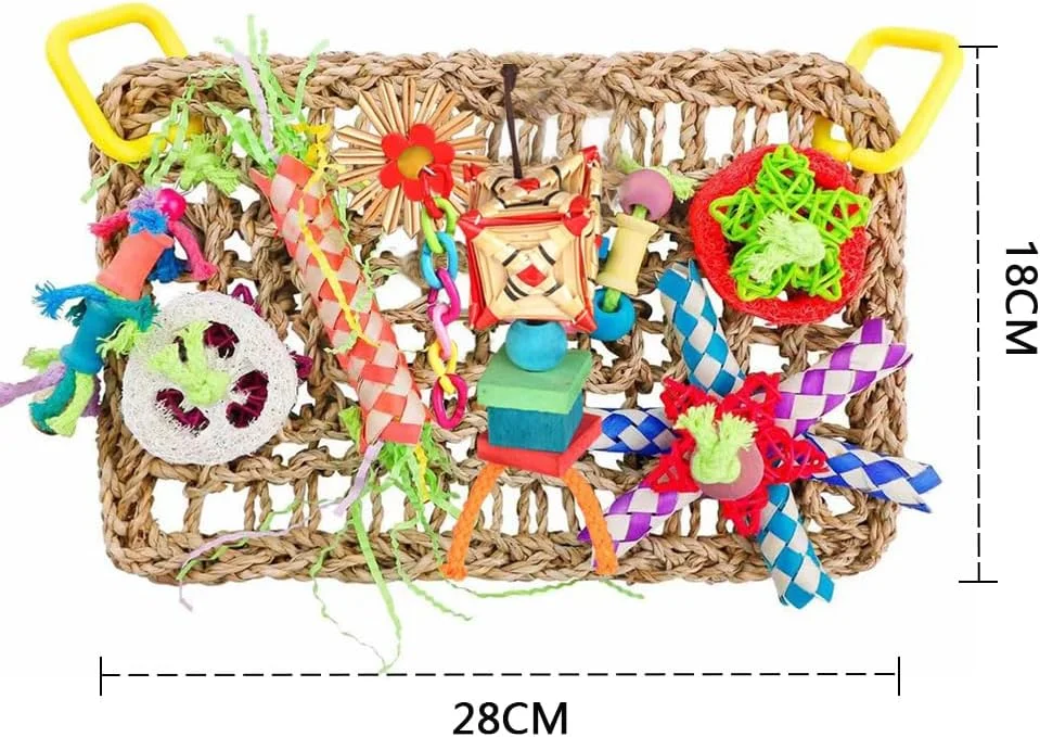 اسباب بازی های پرنده هوتو، اسباب بازی دیواری جستجوی غذا برای پرندگان، حصیر بافته شده از علف دریایی خوراکی با اسباب بازی های جویدنی رنگارنگ، دیوار علف دریایی خردکننده برای جستجوی غذا با اسباب بازی های متنوع برای پرندگان، مرغ عشق