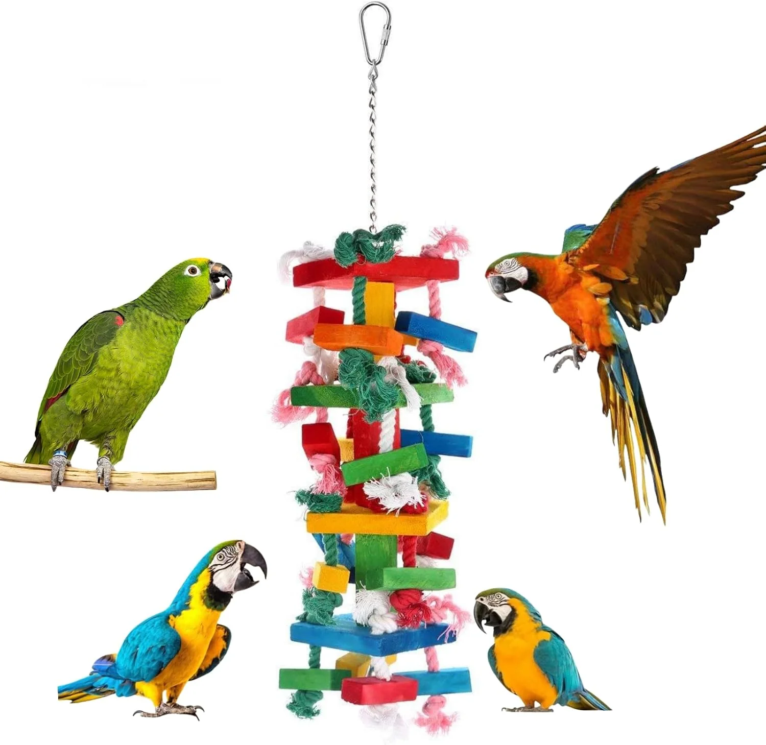 اسباب بازی جویدنی طوطی HONPOLO برای پرندگان بزرگ و متوسط، اسباب بازی پاره شدنی 52x12 سانتی متری با نوارهای چوبی چند رنگ، ایده آل برای اصلاح و ساییدن نوک طوطی، قلاب آویز فلزی برای نصب آسان