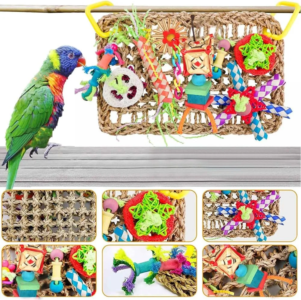 اسباب بازی های پرنده هوتو، اسباب بازی دیواری جستجوی غذا برای پرندگان، حصیر بافته شده از علف دریایی خوراکی با اسباب بازی های جویدنی رنگارنگ، دیوار علف دریایی خردکننده برای جستجوی غذا با اسباب بازی های متنوع برای پرندگان، مرغ عشق