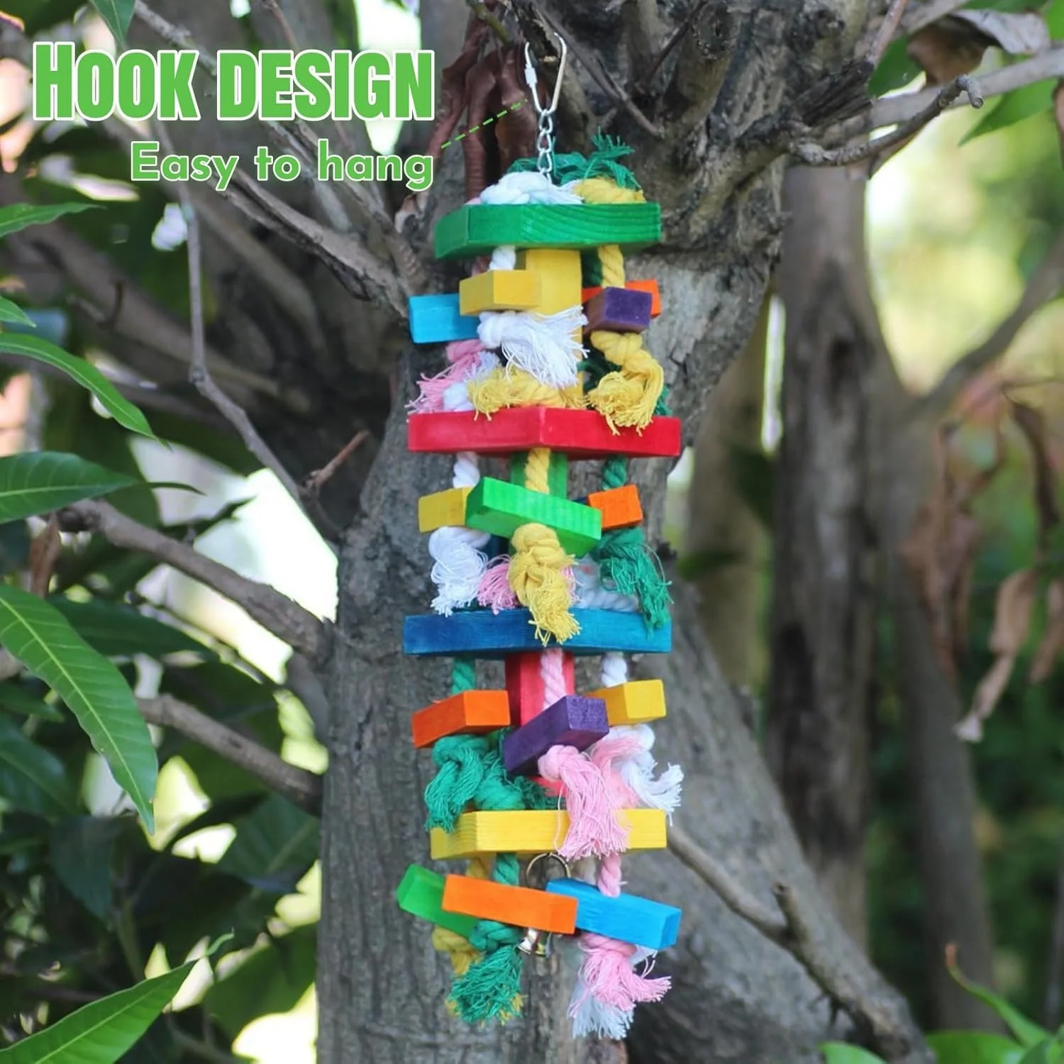 اسباب بازی جویدنی طوطی HONPOLO برای پرندگان بزرگ و متوسط، اسباب بازی پاره شدنی 52x12 سانتی متری با نوارهای چوبی چند رنگ، ایده آل برای اصلاح و ساییدن نوک طوطی، قلاب آویز فلزی برای نصب آسان