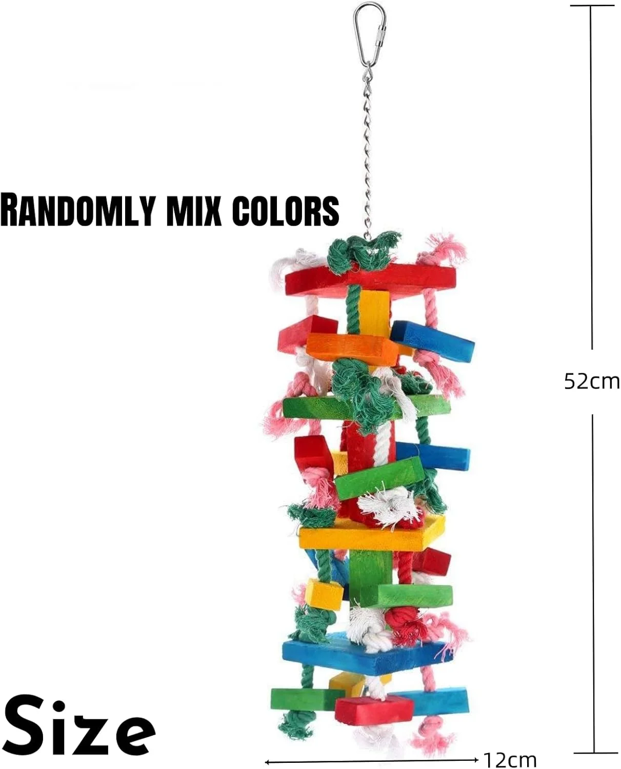 اسباب بازی جویدنی طوطی HONPOLO برای پرندگان بزرگ و متوسط، اسباب بازی پاره شدنی 52x12 سانتی متری با نوارهای چوبی چند رنگ، ایده آل برای اصلاح و ساییدن نوک طوطی، قلاب آویز فلزی برای نصب آسان