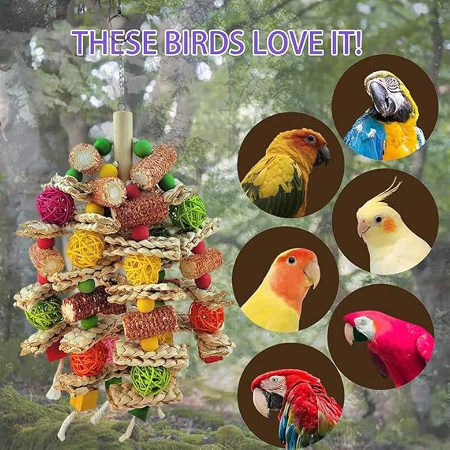 اسباب بازی طوطی برای پرندگان متوسط و کوچک، اسباب بازی های جویدنی آویز، چوب فلفلی طبیعی برای ماکائو، طوطی خاکستری آفریقایی، اسباب بازی های جویدنی طوطی آمازون، 17cm*36cm