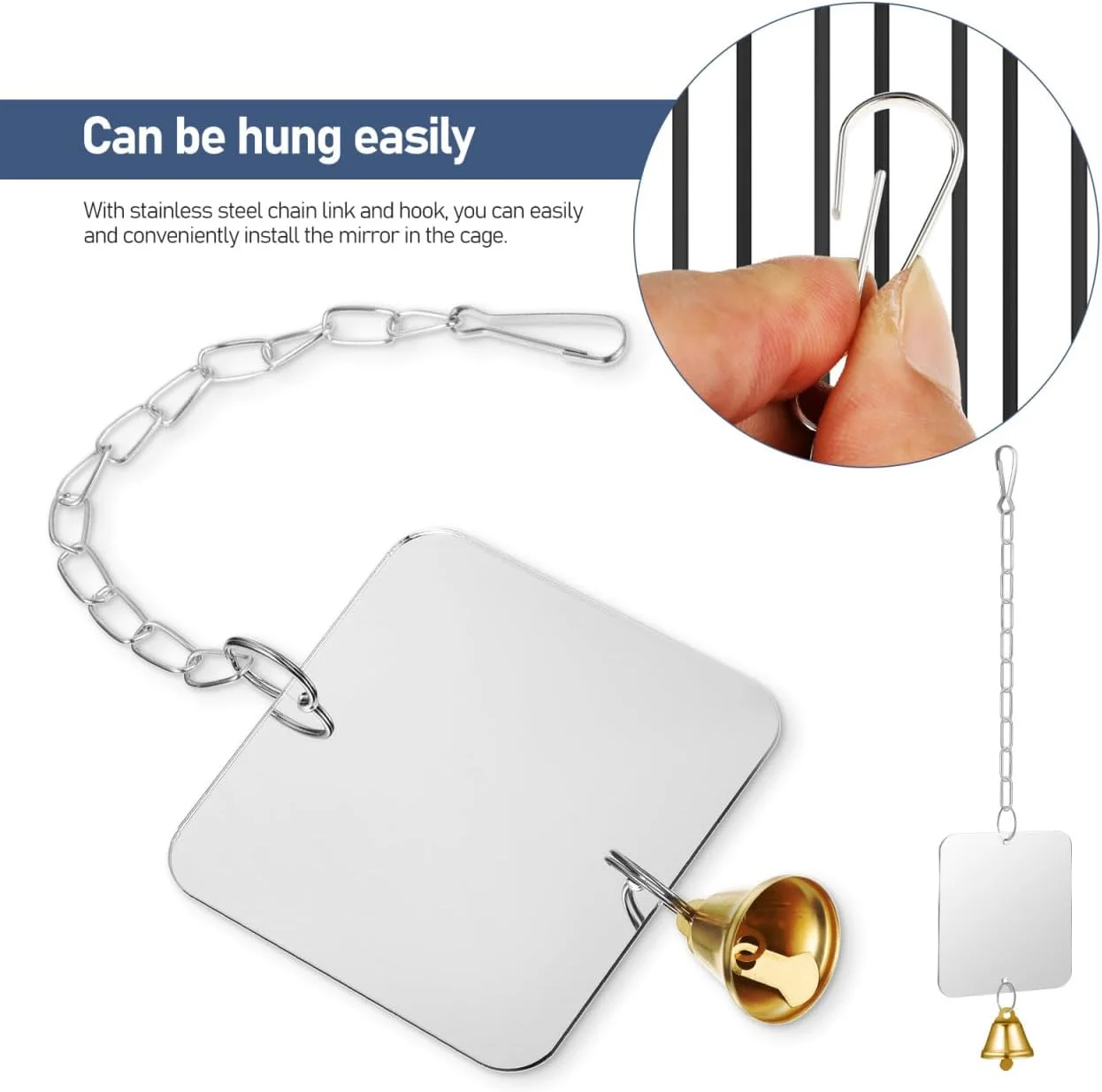 Happyyami 2 عدد آینه پرنده با زنگوله برای لوازم جانبی قفس طوطی با زنجیر استیل اسباب بازی آویز برای مرغ عشق، عروس هلندی، کانور و فنچ