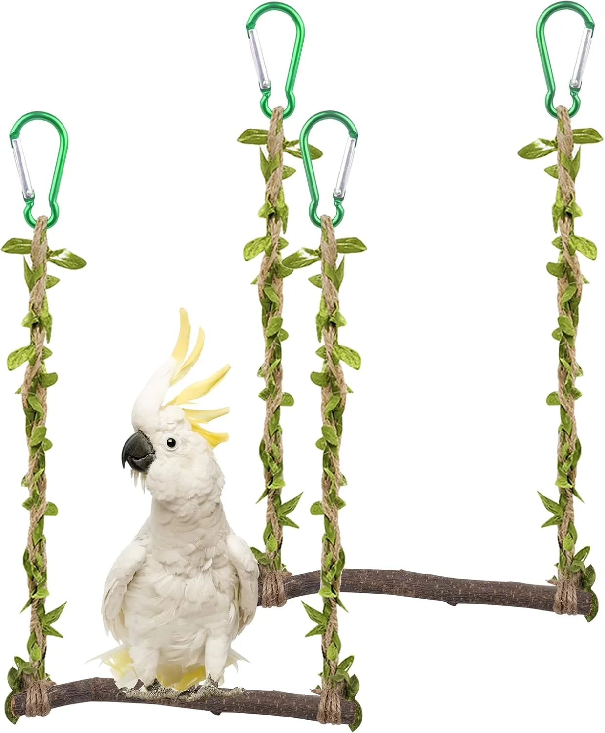 Wood Birds Cage Swing, 2Pcs Parrot Rope Swing Hanging Toy with Metal Hooks Training Stand Holder for Budgie Conure Finches Parakeets Cockatiel
