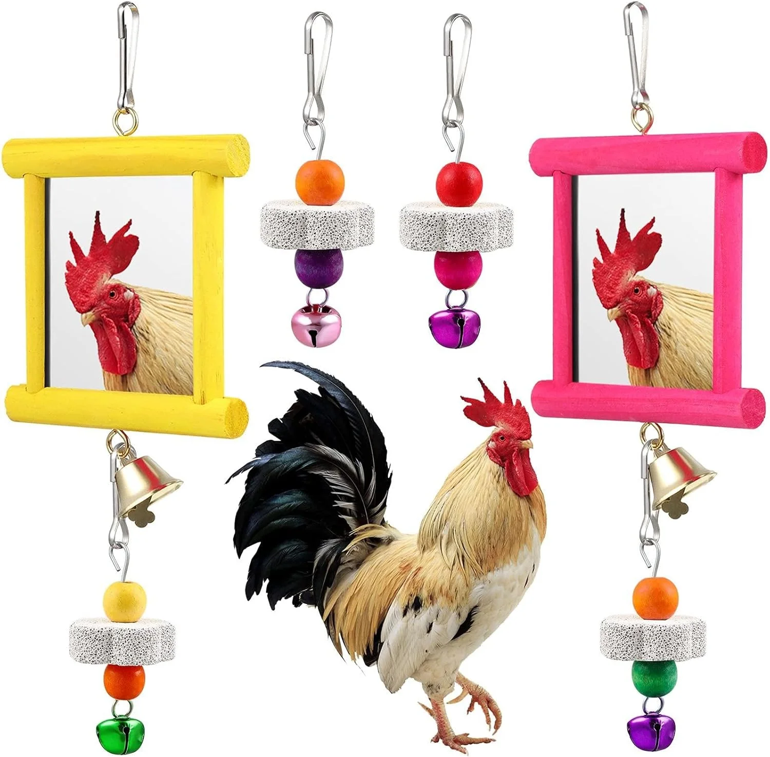 2 عدد آینه آویز مرغ، اسباب بازی جویدنی پرنده با زنگ و تاب چوبی نوک زدن، 4 سنگ آسیاب کننده منقار برای مرغ ها، پرندگان، طوطی ها، مجموعه اسباب بازی پرنده حیوان خانگی غنی سازی طبیعی